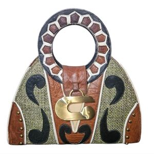 Vintage Mary Frances 80s Mixed Media Multicolor Patchwork Circle Handle Tote Bag